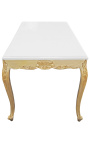 Barokinis medinis valgomojo stalas su aukso lapais ir baltu blizgiu viršumi