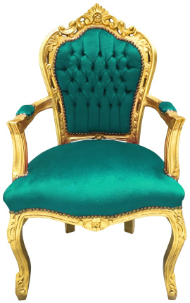 Baroko rokoko stiliaus žalio aksomo ir aukso medienos fotelis