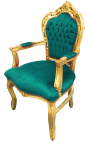 Barokowy fotel w stylu rokoko zielony aksamit i złote drewno