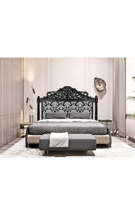 Barokkityylinen sängynpääty valkoinen kukkakuvioinen kangas ja musta puu