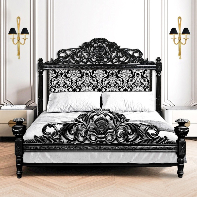 Baroque bed with white floral pattern fabric and glossy black wood