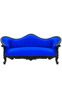 Canapé baroque Napoléon III tissu velours bleu et bois laqué noir - 1