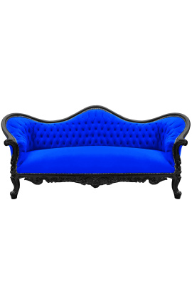 Sofá barroco Napoléon III tecido de veludo azul e madeira lacada preta
