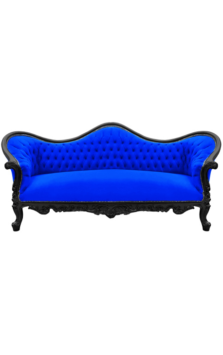 Canapé baroque Napoléon III tissu velours bleu et bois laqué noir