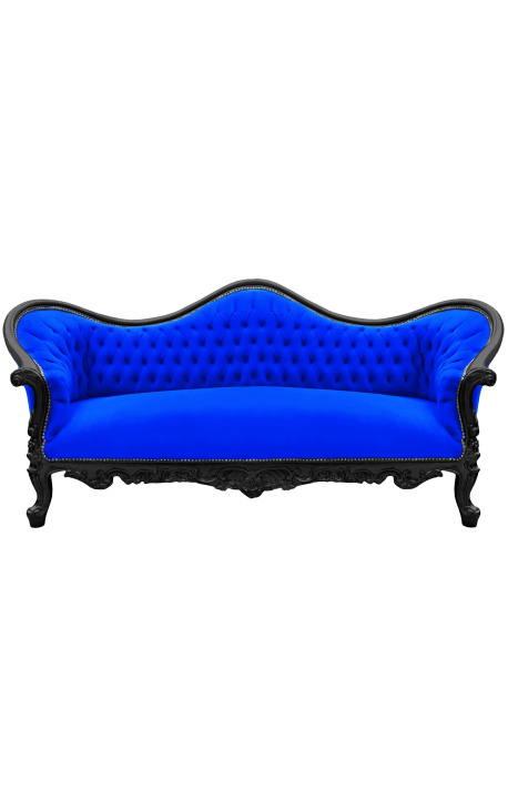 Canapé baroque Napoléon III tissu velours bleu et bois laqué noir - 1