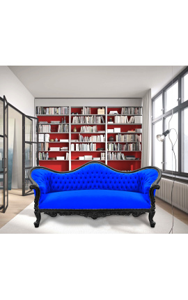 Canapé baroque Napoléon III tissu velours bleu et bois laqué noir