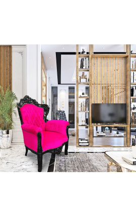 Gran sillón de estilo barroco fuchsia terciopelo rosa y madera lacada negra