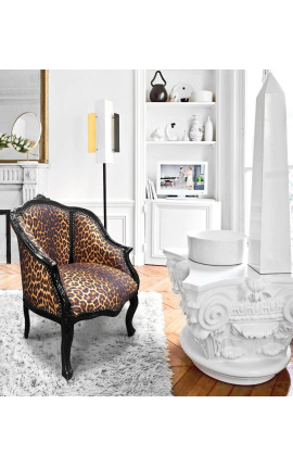 Bergere fåtölj Louis XV-stil med leopardtyg och glansigt svart trä