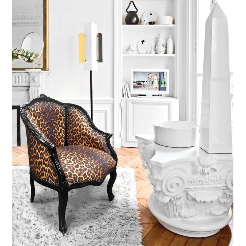Bergere armchair Louis XV style with leopard fabric and glossy