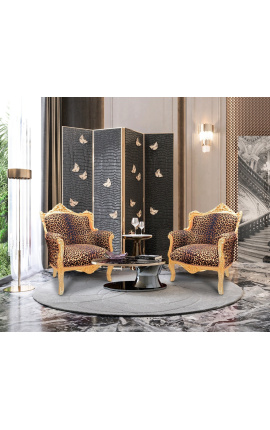 Armchair &quot;princely&quot; Baroque style leopard fabric and gold wood