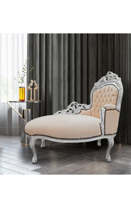 Chaise longue barocca tessuto velluto beige e legno argento