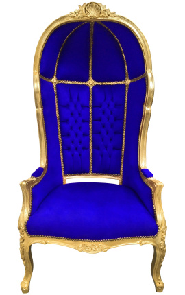 Grand fauteuil carrosse de style baroque tissu velours bleu et bois doré