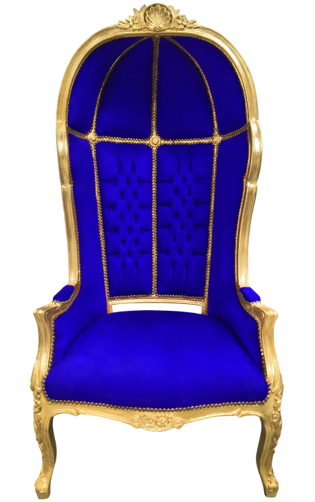 Grande poltrona in stile barocco tessuto velluto blu e legno dorato