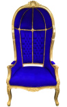 Cadeira grande estilo barroco tecido de veludo azul e madeira dourada