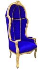 Cadira d'autocar d'estil barroc gran de tela de vellut blau i fusta daurada