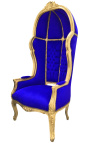 Cadira d'autocar d'estil barroc gran de tela de vellut blau i fusta daurada