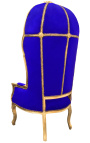 Scaun Grand portar în stil baroc, catifea albastră și lemn auriu