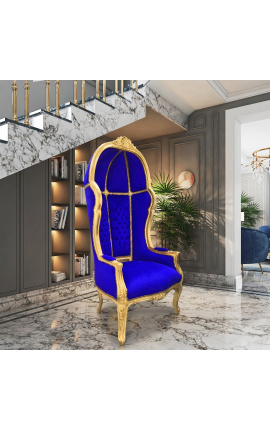 Cadeira grande estilo barroco tecido de veludo azul e madeira dourada