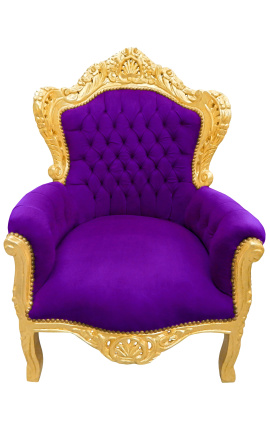 Duży fotel w stylu barokowym fioletowy aksamit i złote drewno