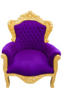 Big baroque style armchair purple velvet and gold wood