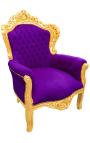 Didelis baroko stiliaus fotelis violetinis aksomas ir aukso mediena