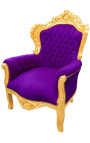Duży fotel w stylu barokowym fioletowy aksamit i złote drewno