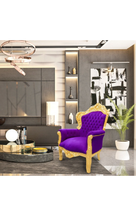 Iso barokkityylinen nojatuoli violettia samettia ja kultapuuta