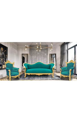 Barokni kavč Napoléon III zeleno žametno in zlato les