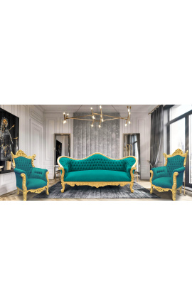 Sofa barokowe Napoléon III zielony velvet i drewno złote