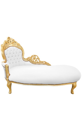 Chaise longue grande tela barroca simili cuero blanco y madera dorada