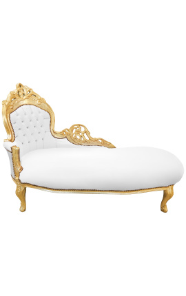 Grande chaise longue barroca em imitação de pele branca e madeira dourada