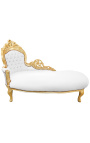 Chaise longue grande tela barroca simili cuero blanco y madera dorada - 1