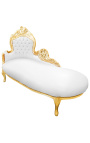 Chaise longue grande tela barroca simili cuero blanco y madera dorada - 13