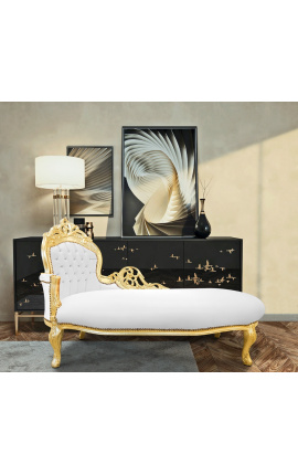 Grande chaise longue barocca in similpelle bianca e legno oro