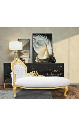 Große barocke Chaiselongue aus weißem Kunstleder und goldenem Holz