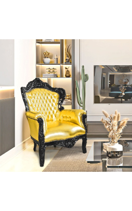 Голямо кресло в бароков стил златисто изкуствена кожа и черно дърво