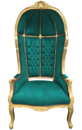 Grand portera baroka stila krēsls zaļā samta un zelta koka