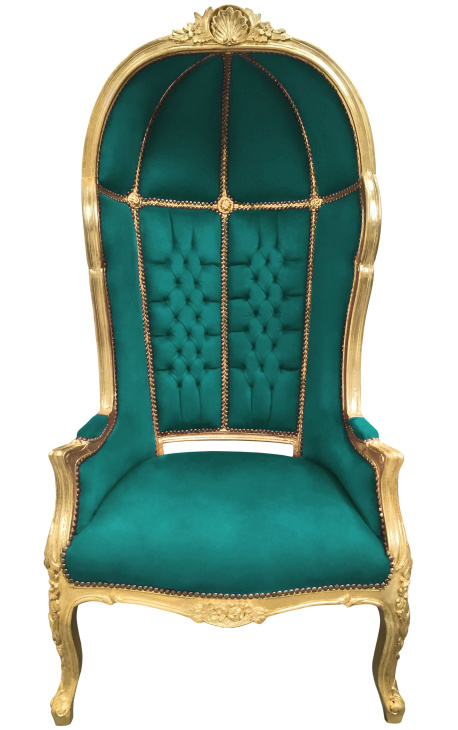 Grand fauteuil carrosse de style baroque tissu velours vert et bois doré
