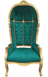 Grand fauteuil carrosse de style baroque tissu velours vert et bois doré