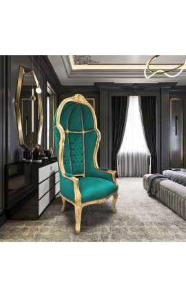 Grand fauteuil carrosse de style baroque tissu velours vert et bois doré
