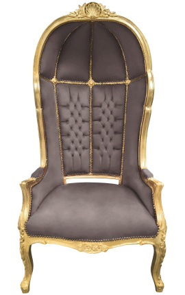 Grand fauteuil carrosse de style baroque tissu velours taupe et bois doré