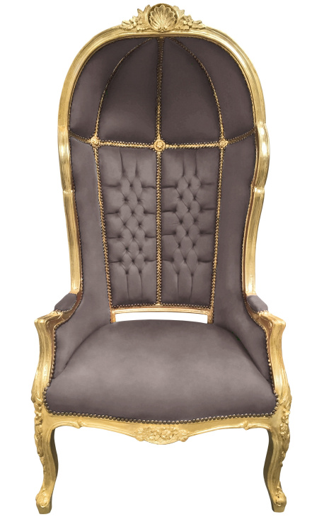 Grand fauteuil carrosse de style baroque tissu velours taupe et bois doré