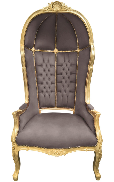 Silla de estilo barroco de gran porter taupe terciopelo y madera de oro