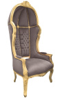 Grand fauteuil carrosse de style baroque tissu velours taupe et bois doré