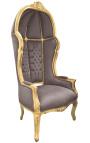 Cadeira grande de estilo barroco em tecido de veludo taupe e madeira dourada
