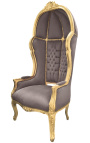 Grand fauteuil carrosse de style baroque tissu velours taupe et bois doré