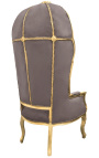 Cadira d'autocar gran d'estil barroc en teixit de vellut taupe i fusta daurada