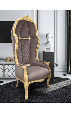 Grand porter&#039;s baroka stila krēsls taupe samta un zelta koka