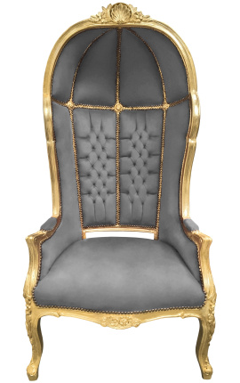 Cadeira grande estilo barroco tecido de veludo cinza e madeira dourada