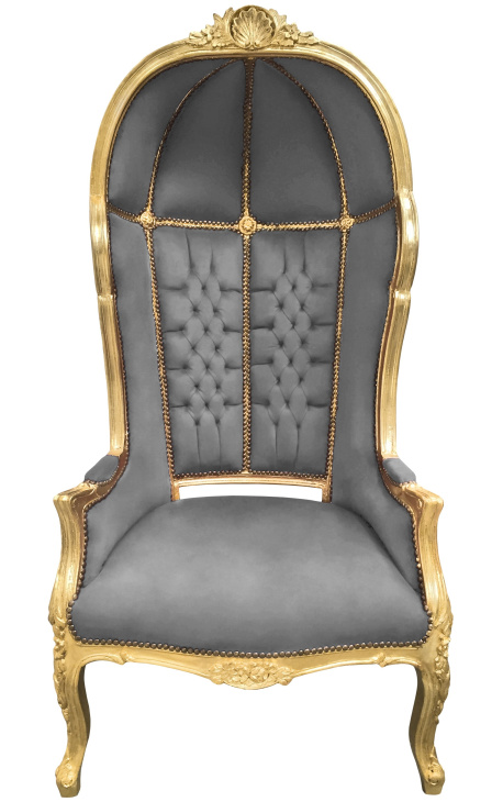 Cadira d'autocar d'estil barroc gran de tela de vellut gris i fusta daurada